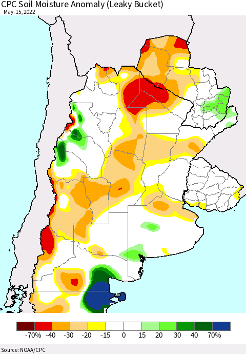 Southern South America CPC Soil Moisture Anomaly (Leaky Bucket) Thematic Map For 5/11/2022 - 5/15/2022