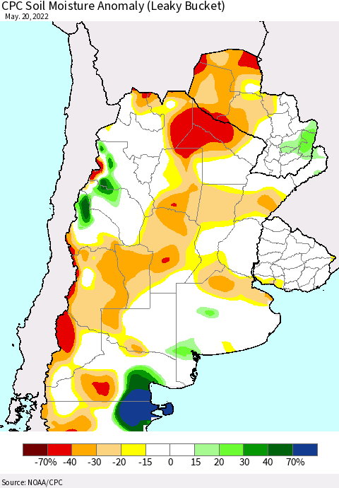 Southern South America CPC Soil Moisture Anomaly (Leaky Bucket) Thematic Map For 5/16/2022 - 5/20/2022