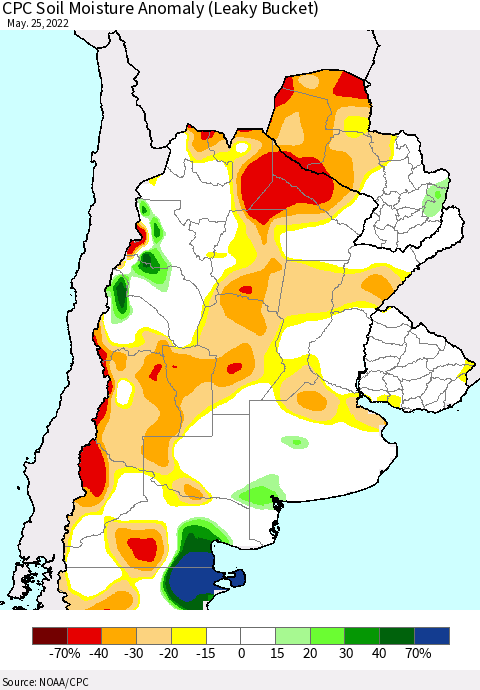 Southern South America CPC Soil Moisture Anomaly (Leaky Bucket) Thematic Map For 5/21/2022 - 5/25/2022