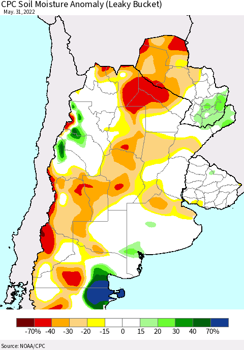 Southern South America CPC Soil Moisture Anomaly (Leaky Bucket) Thematic Map For 5/26/2022 - 5/31/2022