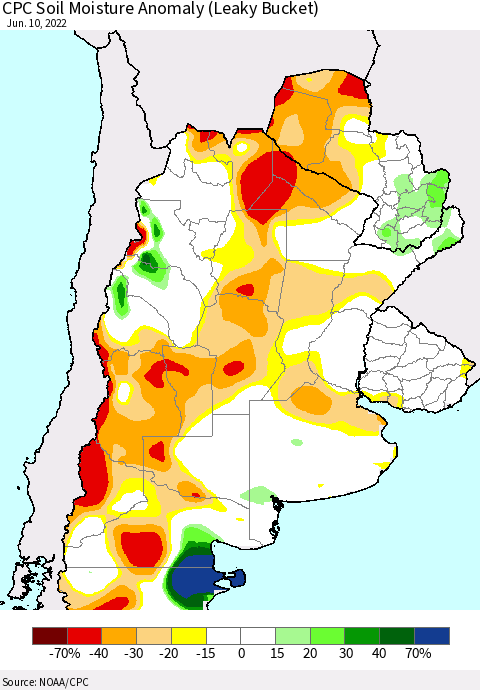 Southern South America CPC Soil Moisture Anomaly (Leaky Bucket) Thematic Map For 6/6/2022 - 6/10/2022