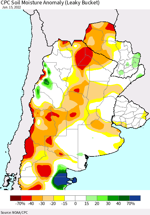 Southern South America CPC Soil Moisture Anomaly (Leaky Bucket) Thematic Map For 6/11/2022 - 6/15/2022
