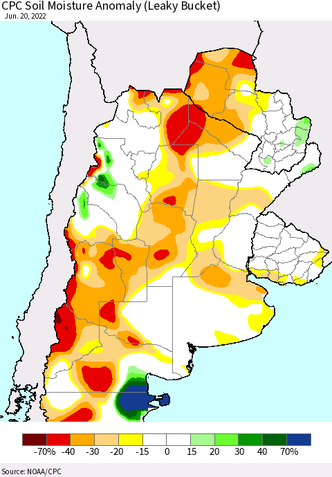 Southern South America CPC Soil Moisture Anomaly (Leaky Bucket) Thematic Map For 6/16/2022 - 6/20/2022