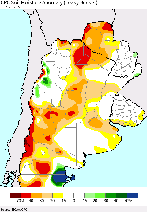 Southern South America CPC Soil Moisture Anomaly (Leaky Bucket) Thematic Map For 6/21/2022 - 6/25/2022