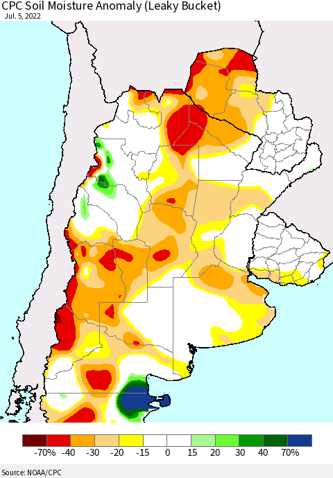Southern South America CPC Soil Moisture Anomaly (Leaky Bucket) Thematic Map For 7/1/2022 - 7/5/2022