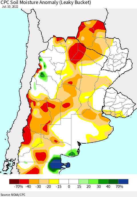Southern South America CPC Soil Moisture Anomaly (Leaky Bucket) Thematic Map For 7/6/2022 - 7/10/2022