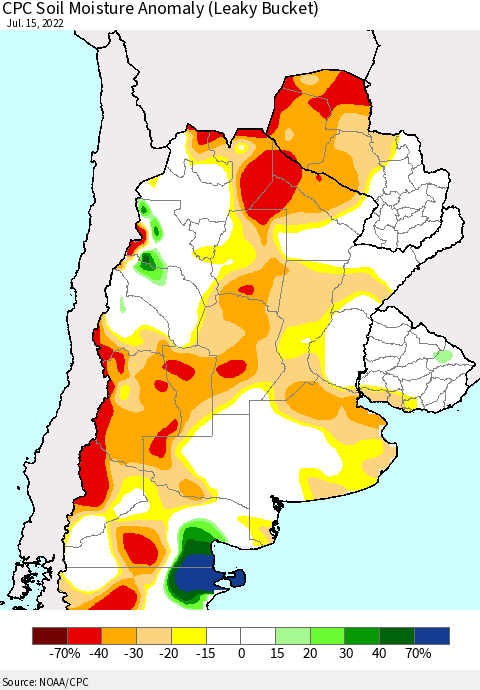Southern South America CPC Soil Moisture Anomaly (Leaky Bucket) Thematic Map For 7/11/2022 - 7/15/2022