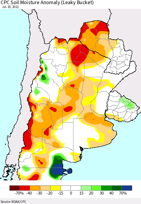 Southern South America CPC Soil Moisture Anomaly (Leaky Bucket) Thematic Map For 7/16/2022 - 7/20/2022