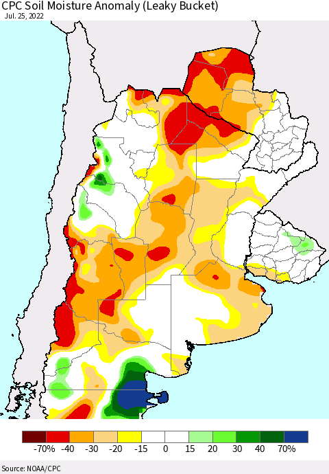 Southern South America CPC Soil Moisture Anomaly (Leaky Bucket) Thematic Map For 7/21/2022 - 7/25/2022