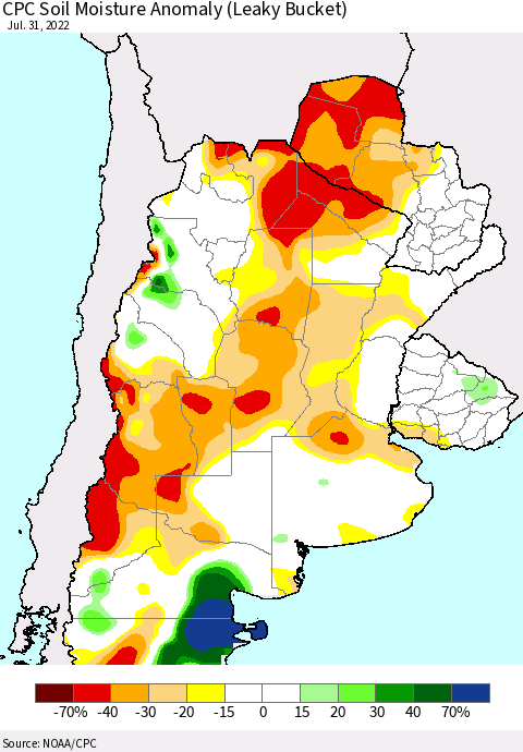 Southern South America CPC Soil Moisture Anomaly (Leaky Bucket) Thematic Map For 7/26/2022 - 7/31/2022