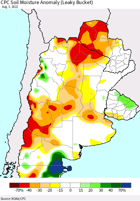 Southern South America CPC Soil Moisture Anomaly (Leaky Bucket) Thematic Map For 8/1/2022 - 8/5/2022