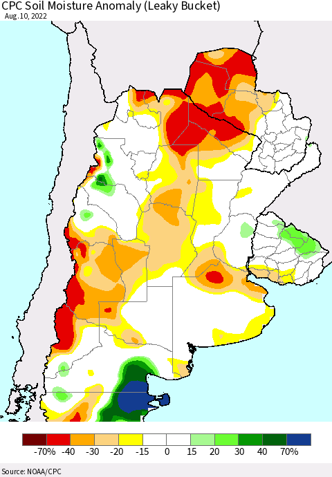 Southern South America CPC Soil Moisture Anomaly (Leaky Bucket) Thematic Map For 8/6/2022 - 8/10/2022