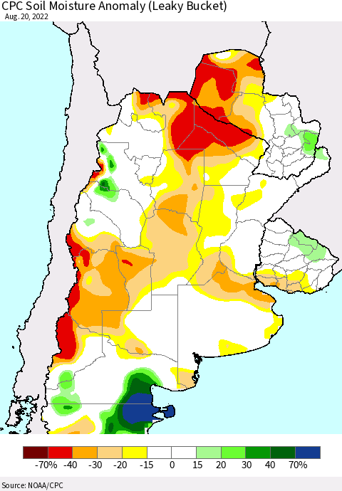 Southern South America CPC Soil Moisture Anomaly (Leaky Bucket) Thematic Map For 8/16/2022 - 8/20/2022