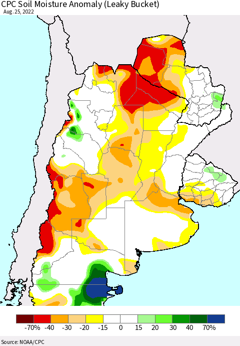 Southern South America CPC Soil Moisture Anomaly (Leaky Bucket) Thematic Map For 8/21/2022 - 8/25/2022