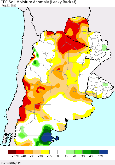 Southern South America CPC Soil Moisture Anomaly (Leaky Bucket) Thematic Map For 8/26/2022 - 8/31/2022