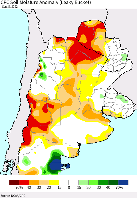 Southern South America CPC Soil Moisture Anomaly (Leaky Bucket) Thematic Map For 9/1/2022 - 9/5/2022