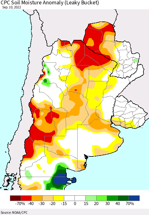Southern South America CPC Soil Moisture Anomaly (Leaky Bucket) Thematic Map For 9/6/2022 - 9/10/2022