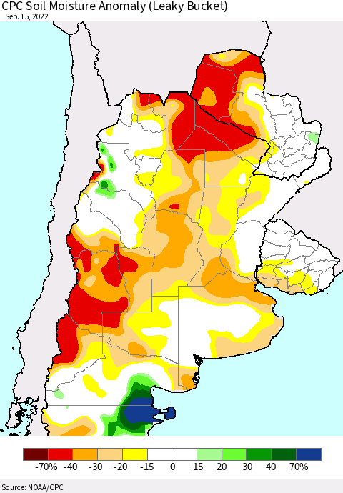 Southern South America CPC Soil Moisture Anomaly (Leaky Bucket) Thematic Map For 9/11/2022 - 9/15/2022