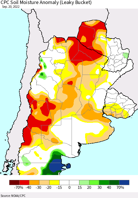 Southern South America CPC Soil Moisture Anomaly (Leaky Bucket) Thematic Map For 9/16/2022 - 9/20/2022