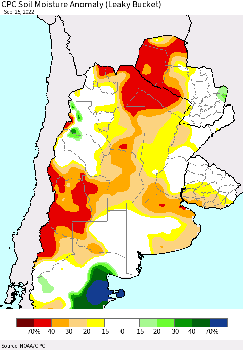 Southern South America CPC Soil Moisture Anomaly (Leaky Bucket) Thematic Map For 9/21/2022 - 9/25/2022