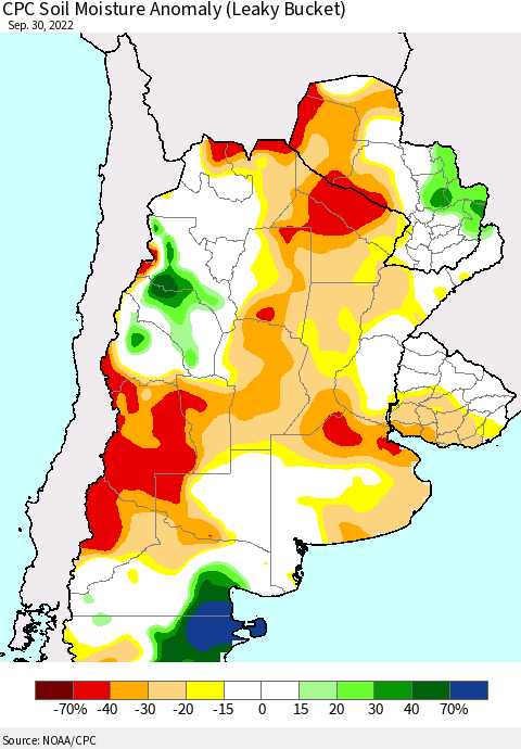 Southern South America CPC Soil Moisture Anomaly (Leaky Bucket) Thematic Map For 9/26/2022 - 9/30/2022
