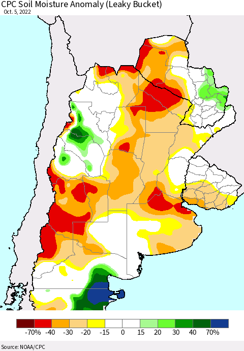 Southern South America CPC Soil Moisture Anomaly (Leaky Bucket) Thematic Map For 10/1/2022 - 10/5/2022