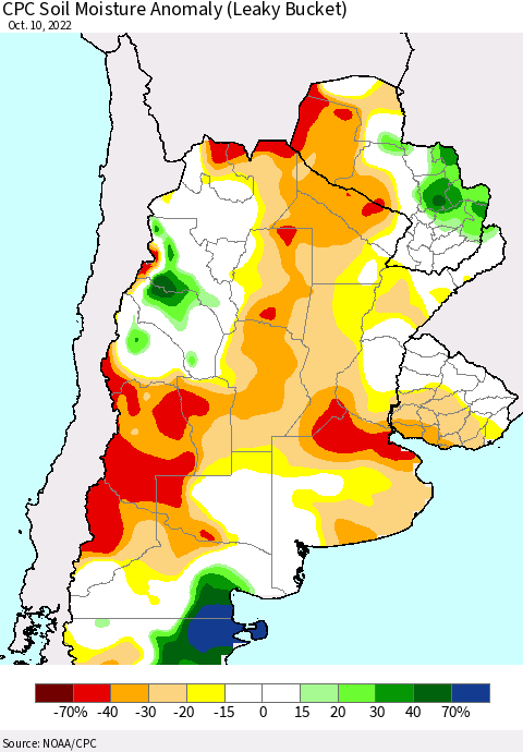 Southern South America CPC Soil Moisture Anomaly (Leaky Bucket) Thematic Map For 10/6/2022 - 10/10/2022