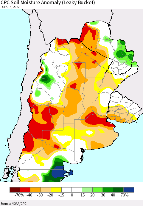 Southern South America CPC Soil Moisture Anomaly (Leaky Bucket) Thematic Map For 10/11/2022 - 10/15/2022