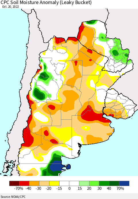 Southern South America CPC Soil Moisture Anomaly (Leaky Bucket) Thematic Map For 10/16/2022 - 10/20/2022