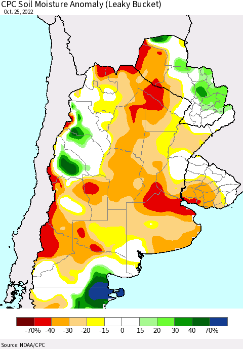 Southern South America CPC Soil Moisture Anomaly (Leaky Bucket) Thematic Map For 10/21/2022 - 10/25/2022