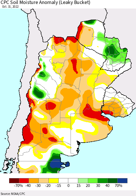 Southern South America CPC Soil Moisture Anomaly (Leaky Bucket) Thematic Map For 10/26/2022 - 10/31/2022