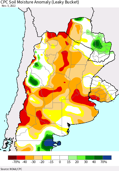 Southern South America CPC Soil Moisture Anomaly (Leaky Bucket) Thematic Map For 11/1/2022 - 11/5/2022