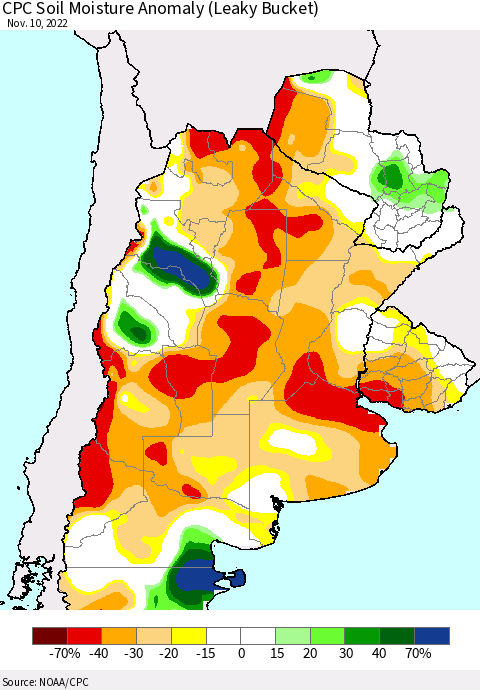 Southern South America CPC Soil Moisture Anomaly (Leaky Bucket) Thematic Map For 11/6/2022 - 11/10/2022