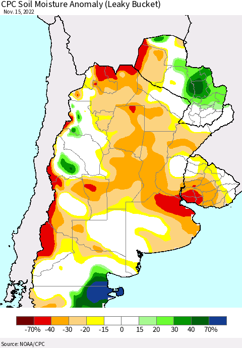 Southern South America CPC Soil Moisture Anomaly (Leaky Bucket) Thematic Map For 11/11/2022 - 11/15/2022