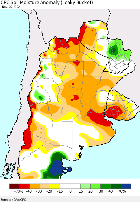 Southern South America CPC Soil Moisture Anomaly (Leaky Bucket) Thematic Map For 11/16/2022 - 11/20/2022