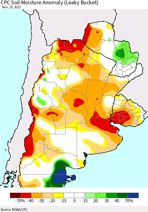 Southern South America CPC Soil Moisture Anomaly (Leaky Bucket) Thematic Map For 11/21/2022 - 11/25/2022