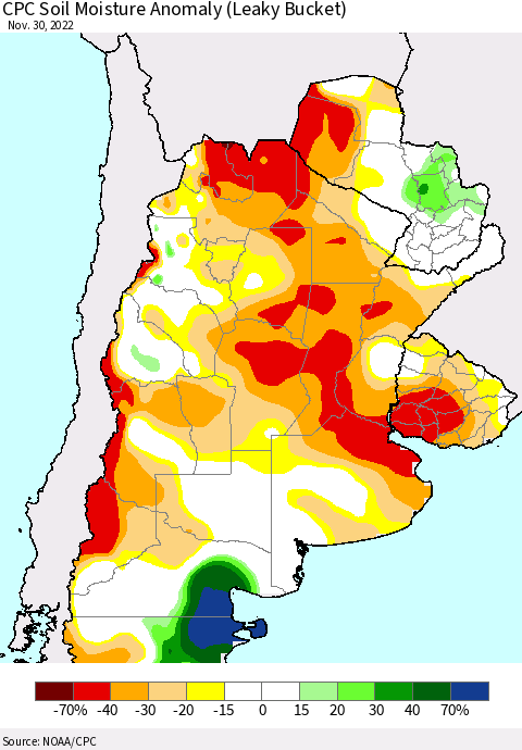 Southern South America CPC Soil Moisture Anomaly (Leaky Bucket) Thematic Map For 11/26/2022 - 11/30/2022