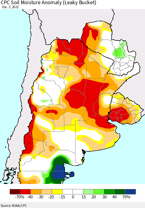 Southern South America CPC Soil Moisture Anomaly (Leaky Bucket) Thematic Map For 12/1/2022 - 12/5/2022
