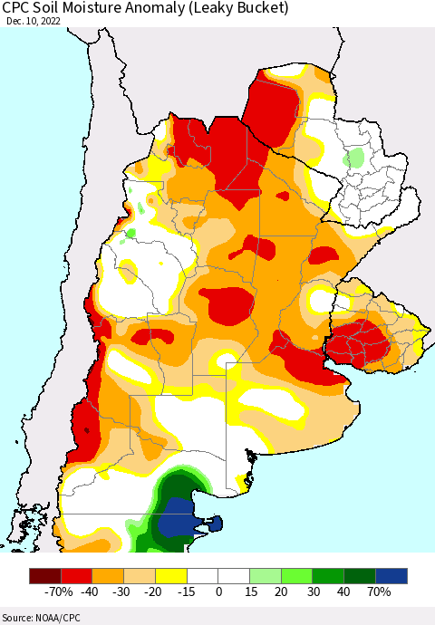 Southern South America CPC Soil Moisture Anomaly (Leaky Bucket) Thematic Map For 12/6/2022 - 12/10/2022