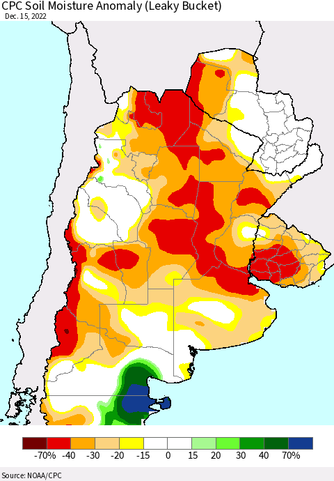 Southern South America CPC Soil Moisture Anomaly (Leaky Bucket) Thematic Map For 12/11/2022 - 12/15/2022