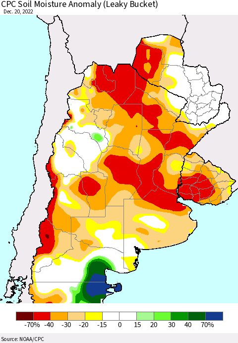 Southern South America CPC Soil Moisture Anomaly (Leaky Bucket) Thematic Map For 12/16/2022 - 12/20/2022