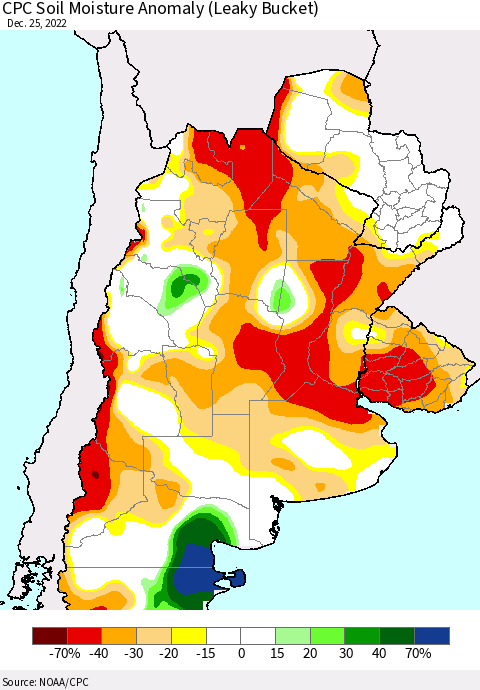 Southern South America CPC Soil Moisture Anomaly (Leaky Bucket) Thematic Map For 12/21/2022 - 12/25/2022