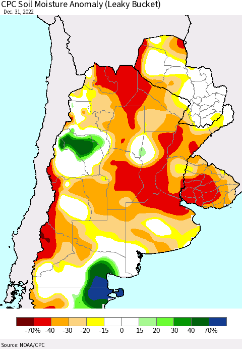 Southern South America CPC Soil Moisture Anomaly (Leaky Bucket) Thematic Map For 12/26/2022 - 12/31/2022