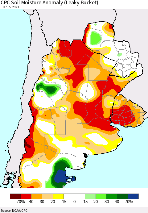 Southern South America CPC Soil Moisture Anomaly (Leaky Bucket) Thematic Map For 1/1/2023 - 1/5/2023