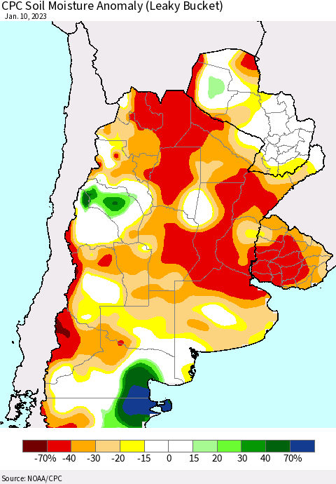 Southern South America CPC Soil Moisture Anomaly (Leaky Bucket) Thematic Map For 1/6/2023 - 1/10/2023