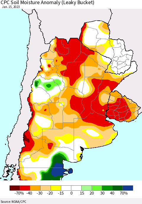 Southern South America CPC Soil Moisture Anomaly (Leaky Bucket) Thematic Map For 1/11/2023 - 1/15/2023