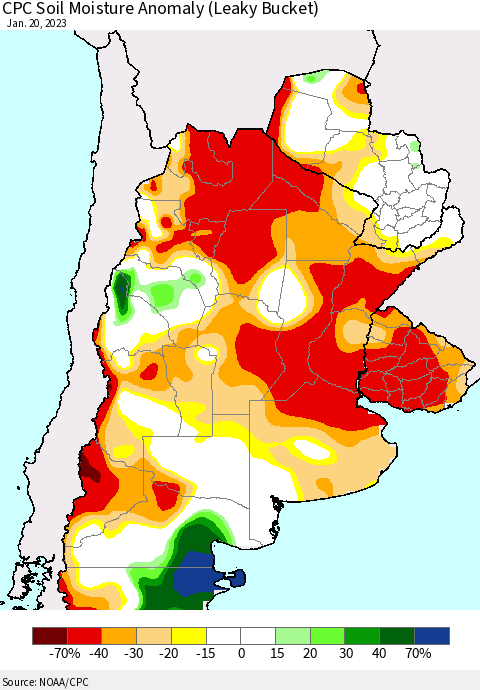 Southern South America CPC Soil Moisture Anomaly (Leaky Bucket) Thematic Map For 1/16/2023 - 1/20/2023