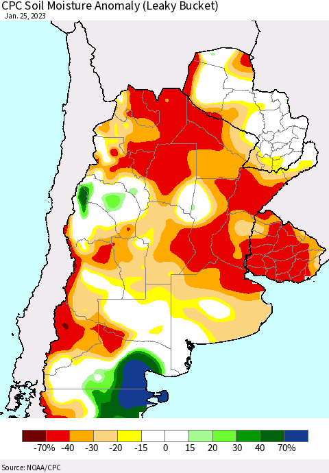 Southern South America CPC Soil Moisture Anomaly (Leaky Bucket) Thematic Map For 1/21/2023 - 1/25/2023