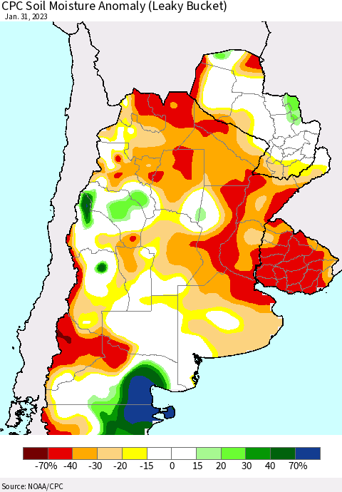 Southern South America CPC Soil Moisture Anomaly (Leaky Bucket) Thematic Map For 1/26/2023 - 1/31/2023