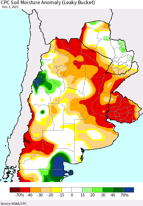 Southern South America CPC Soil Moisture Anomaly (Leaky Bucket) Thematic Map For 2/1/2023 - 2/5/2023
